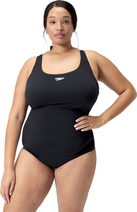Damski sportowy strój kąpielowy Speedo Endurance+ medalista plus size - trwały kolor damski strój kąpielowy duże rozmiary - odporny na chlor damski strój kąpielowy - damski sportowy strój kąpielowy z medalistycznym tyłem - czarny - 52