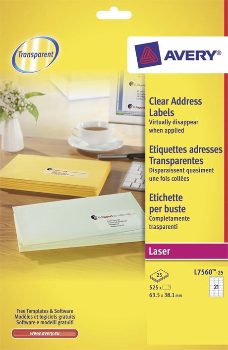 Etykiety przezroczyste Avery format Quickpeel 635 x 381 mm (szer. x wys.) 525 sztuk 21 na arkuszu