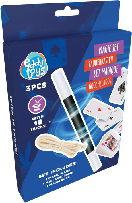 Magiczny zestaw zabawek Eddy 16 sztuczek - plastikowy magiczny zestaw - zawierający różdżki, pierścienie, linę i karty - uniwersalna instrukcja - 2 lata gwarancji - wielokolorowy