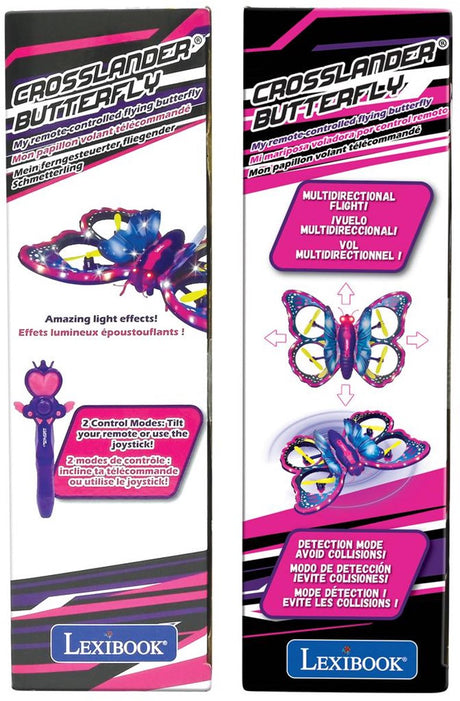 Lexibook crosslander butterfly, a op afstand bestuurbare vliegende vlinder met gesture-controlled remote voor a playful flying experience, featuring illuminated wings.