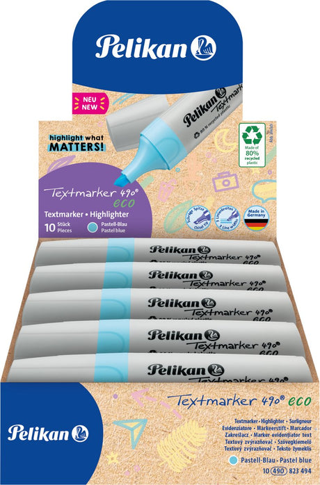 Marker tekstowy Pelikan 490 - zakreślacz ekologiczny - pastelowy błękit - 10 sztuk