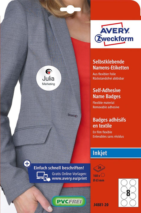 Samoprzylepna plakietka z imieniem firmy Avery. zweckform okrągły 65 mm biały wymienny 160 etykiet 20 arkuszy do drukarek atramentowych