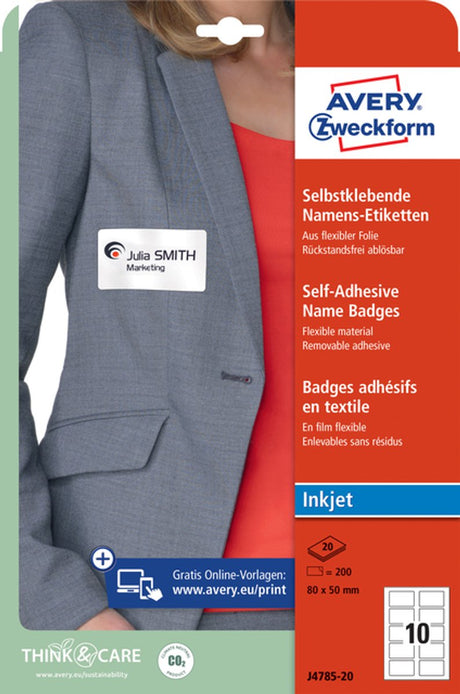 Etykiety na identyfikatory Avery – 50 x 80 mm – białe – 20 arkuszy – 10 w arkuszu – folia niezawierająca PCV