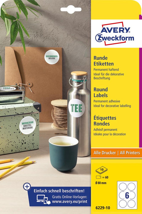 Etykiety okrągłe Avery zweckform, średnica 80 mm, białe, samoprzylepne, 60 etykiet, 10 arkuszy, 50 sztuk