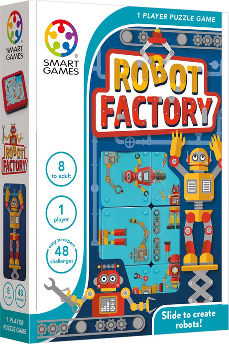 Fabryka robotów Smartgames - kompaktowa gra polegająca na myśleniu o przesuwanych łamigłówkach - 48 edukacyjnych wyzwań robotów - gra podróżnicza gra solo - od 8 lat