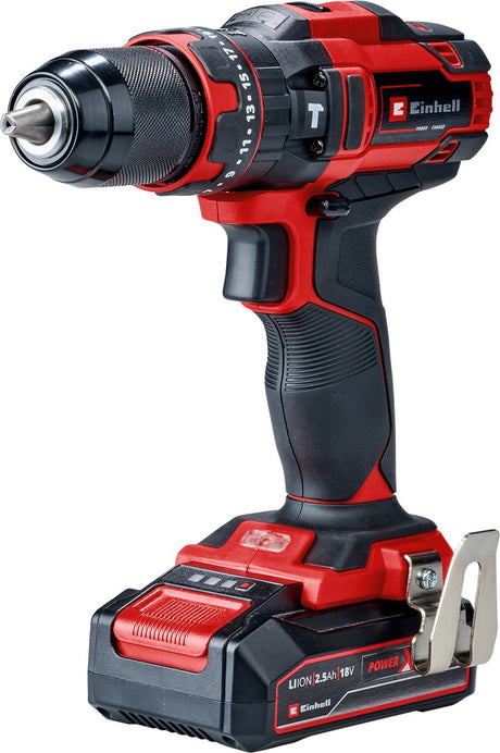 Akumulatorowa wiertarko-wkrętarka udarowa Einhell te-cd 18 44 li-i kit - power x-change - 18 V Li-ion - z funkcją udaru - 2 prędkości - 44 nm - w zestawie. 1x akumulator 2,5 Ah i ładowarka