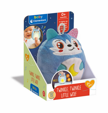 Niebieska, przytulna lampka nocna Clementoni Twinkle Winkle Little Wolf