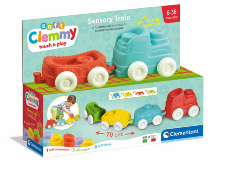 Clementoni baby - delikatny tren sensoryczny z miękkimi klockami, 12 sztuk.