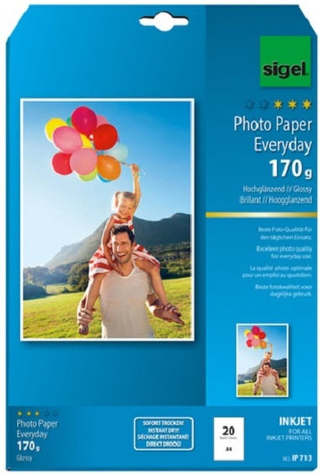 Papier fotograficzny Sigel do drukarek atramentowych codziennego użytku plus A4 o wysokim połysku 170 gramów 20 arkuszy
