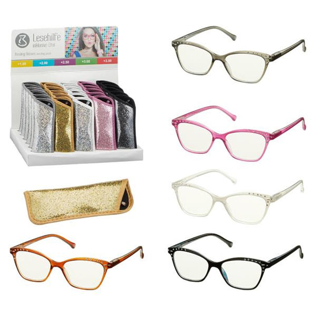 Plastikowe okulary do czytania Cepewa z diamentem w brokatowym etui
