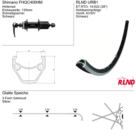Roland achterwiel 19-622 28 zwart cassette 8 9 10v schijfrem centerlock qr urb1 shimano fh-qc400-hm (zilveren spaken)