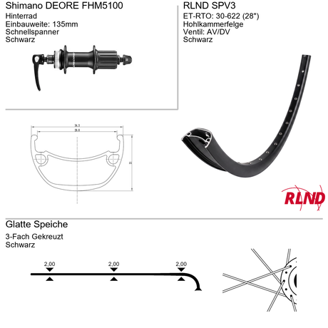 Roland achterwiel 30-622 28 zwart cassette 8 9 10v schijfrem centerlock qr spv3 shimano deore fh-m5100