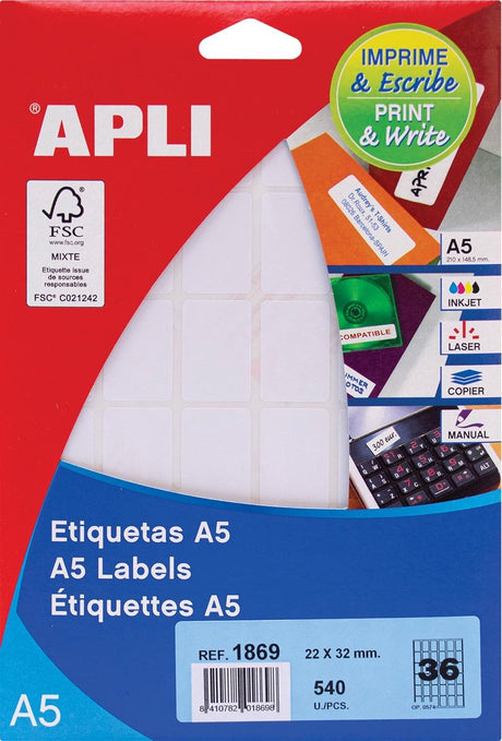 Apli białe etykiety z nadrukiem, ft 22 x 32 mm (szer. x wys.), 540 sztuk, 36 na arkuszu (1869)