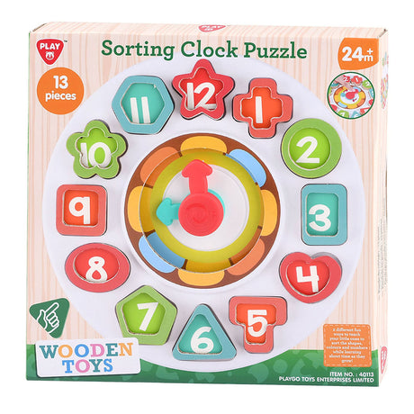 Drewniane klocki do sortowania Playgo i zegar do nauki - 13 szt.