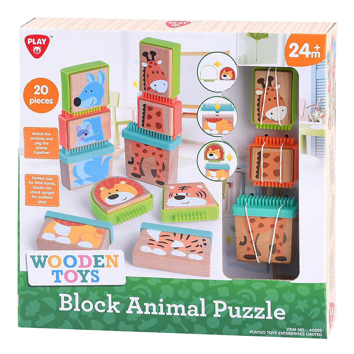 Playgo Play drewniane puzzle ze zwierzętami, 20 elementów.