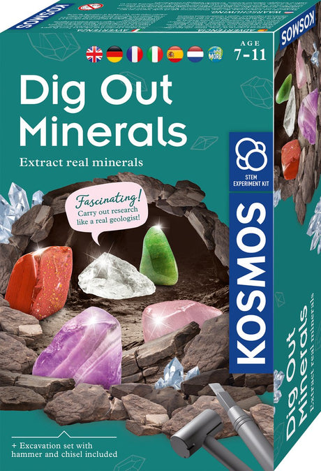 Kosmos wykopuje minerały - zestaw do wykopalisk - wykop prawdziwe minerały - w tym kryształ górski, ametyst, kwarc różowy, awenturyn i czerwony jaspis - zabawka na łodydze - od 7 lat