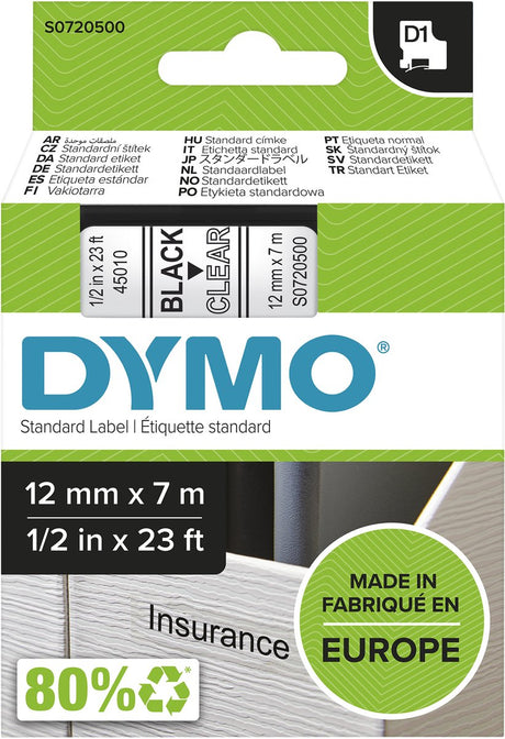 Dymo d1 - kaseta z taśmą - 12 mm x 7 m - czarna przezroczysta