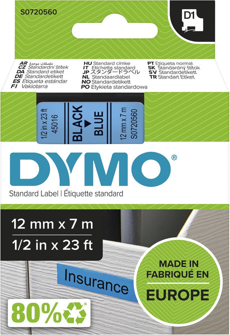 Oryginalne etykiety Dymo d1 | czarny tekst na niebieskiej etykiecie | 12 mm x 7 m | etykiety samoprzylepne do drukarki etykiet menadżer etykiet | wyprodukowano w Europie