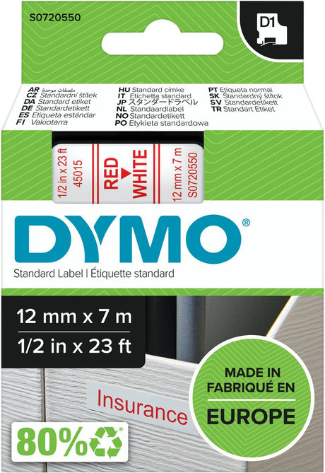 Oryginalne etykiety Dymo d1 | czerwony tekst na białej etykiecie | 12 mm x 7 m | etykiety samoprzylepne do drukarki etykiet menadżer etykiet | wyprodukowano w Europie