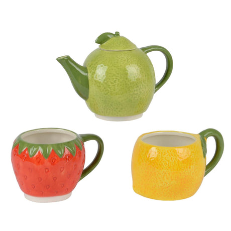 Decoris zestaw do herbaty owocowy dolomit 16,7x10,2x24cm czajniczek z 2 filiżankami pomarańczowo-limonkowa truskawka