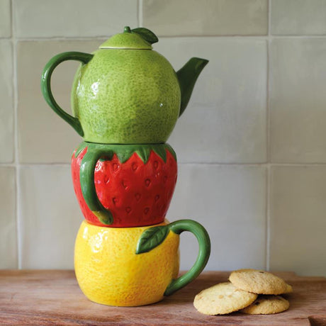 Decoris zestaw do herbaty owocowy dolomit 16,7x10,2x24cm czajniczek z 2 filiżankami pomarańczowo-limonkowa truskawka