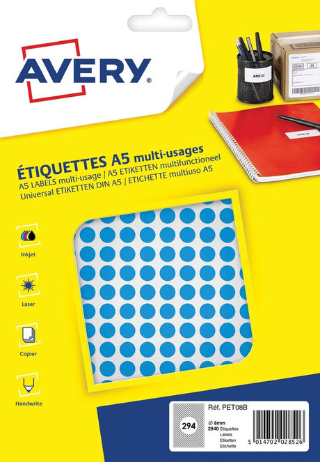 Etykieta Avery a5 8mm okrągły blister 2940szt niebieski