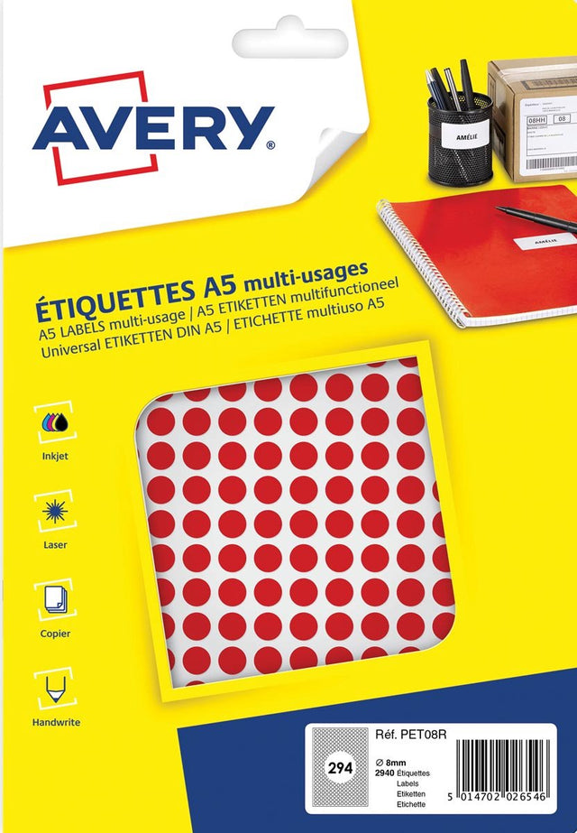 Etykieta Avery a5 8mm okrągły blister 2940szt czerwony