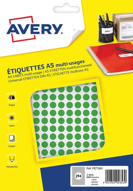 Etykieta Avery a5 8mm okrągły blister 2940szt zielony