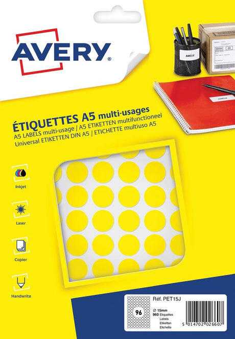 Etykieta Avery a5 15mm okrągły blister 168szt w kolorze żółtym