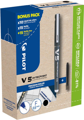 Pilot hi-tecpoint v5, 10 rolek + 30 wkładów, cienki, czarny