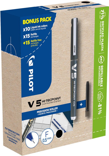 Pilot hi-tecpoint v5, 10 rolek + 30 wkładów, cienki, czarny