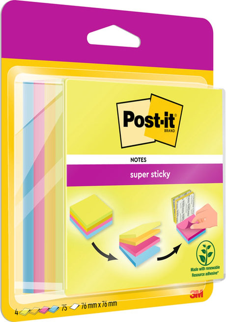 Karteczki samoprzylepne Post-it®, neonowa zieleń, kanarkowa żółć™, fuksja, śródziemnomorski błękit, 76 mm x 76 mm, blok 75 liści, 4 bloki