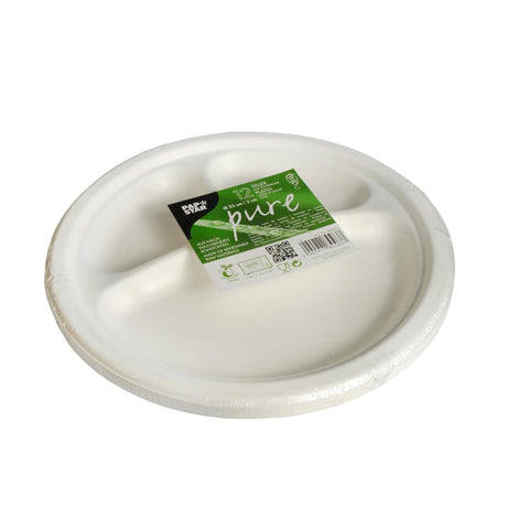 Talerze Papstar z trzciny cukrowej, 3 przegródki, ø23 cm, zestaw 12 sztuk