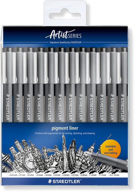 Staedtler - seria artystyczna - podkład pigmentowy 308 - etui z 12 szerokościami linii - czarny