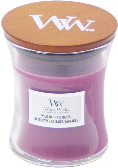 Mini świeca zapachowa Woodwick - buraki z dzikich jagód - 20 godzin palenia - 85 gr - 8 cm ø 7 cm