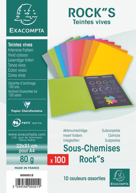 Exacompta rock''s 80 - opakowanie 100 teczek z wkładkami 22x31cm dla formatu A4 - różne - 800001e
