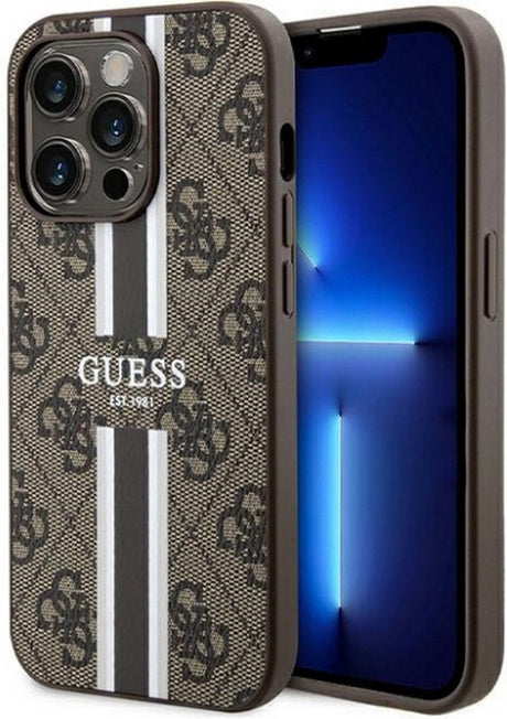Etui na tył Guess 4G z nadrukiem w paski (kompatybilne z Magsafe) - odpowiednie dla Apple iPhone 15 pro max (6.7) - brązowe