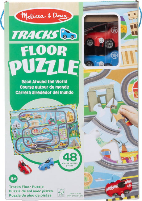 Melissa Doug – puzzle podłogowe – wyścig dookoła świata w zestawie. 2 samochody nakręcane