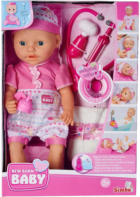 Noworodek Simba - lalka bobas z akcesoriami lekarza - stetoskop z dźwiękiem - funkcja picia i oddawania moczu - 38cm - laleczka bobas