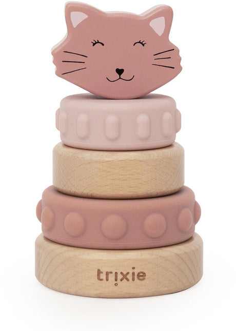 Trixie houten stapeltoren met siliconen ringen mrs. cat – sensorisch stapelspeelgoed vanaf 10 maanden