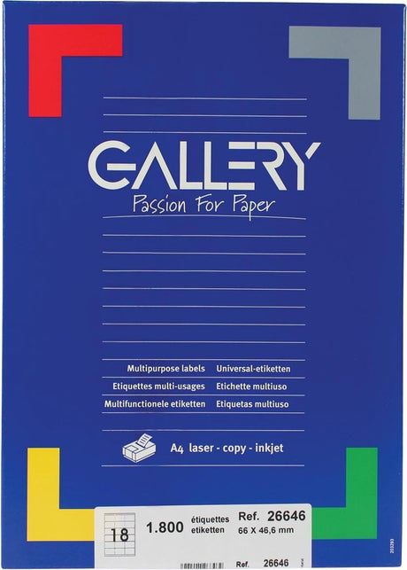 Galeria białych etykiet o wymiarach 66 x 46,6 mm (szer. x wys.), zaokrąglone rogi, opakowanie 1800 etykiet