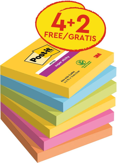 Karteczki samoprzylepne Post-it Super Sticky Notes post-it 654-sscarn-p4+2 niebieski, żółty, zielony, pomarańczowy różowy