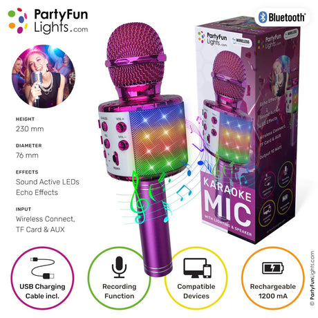 Partyfun Lights, mikrofon do karaoke, głośnik imprezowy, różowy, 1200ma
