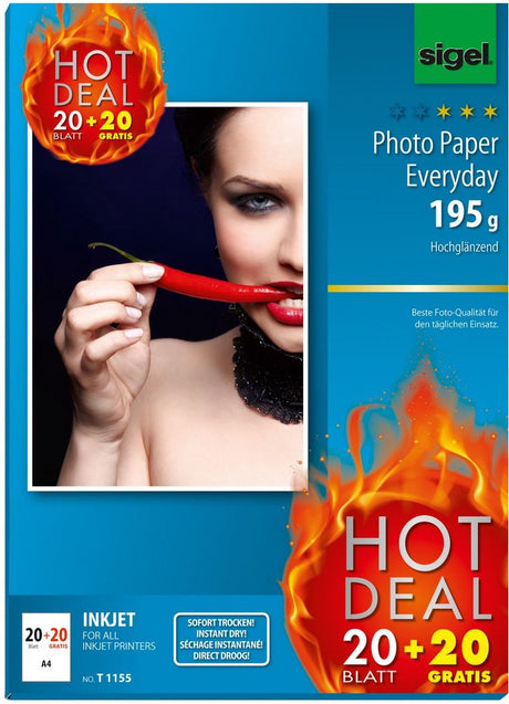 Papier fotograficzny Sigel do drukarek atramentowych codziennego użytku plus A4 o wysokim połysku 195 gramów 20 arkuszy + 20 arkuszy gratis