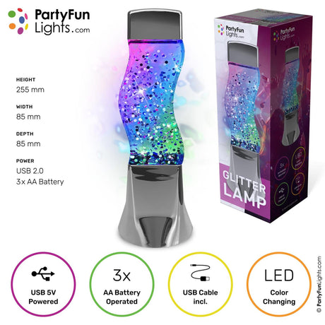 Lampa stołowa Partyfun Lights brokatowa dioda LED zmieniająca kolor, działa na bateriach 3XAA i USB H25,5cm