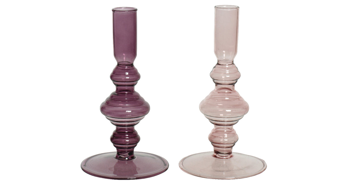 Kandelaar glas 2 kleuren assortie ''lila'' h16 d8,5cm