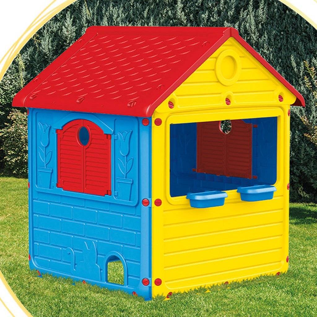 Domek Dolu Dolu 132x104x104 cm Czerwony Żółty Niebieski
