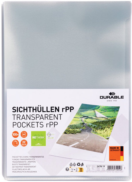 Trwałe torby odblaskowe standard rpp din a4 tworzywo sztuczne pochodzące z recyklingu, tworzywo sztuczne 0,10 mm przezroczysty 247819 100 szt.