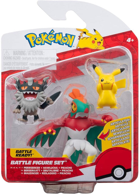 Zestaw figurek bitewnych pokémon Jazwares 3-pak pikachu #8, perrserker, hawlucha 5 cm figurka