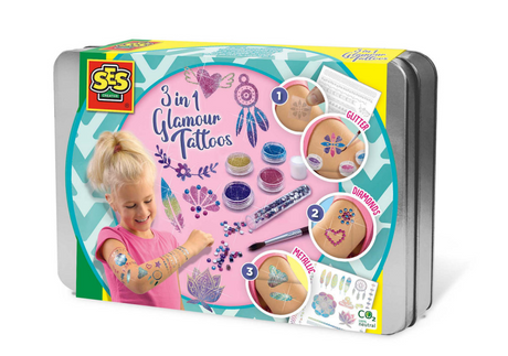 Ses Creative - hobby różowy - tatuaże glamour 3 w 1 - rękodzieło dla dziewcząt - biodegradowalne - od 5 lat